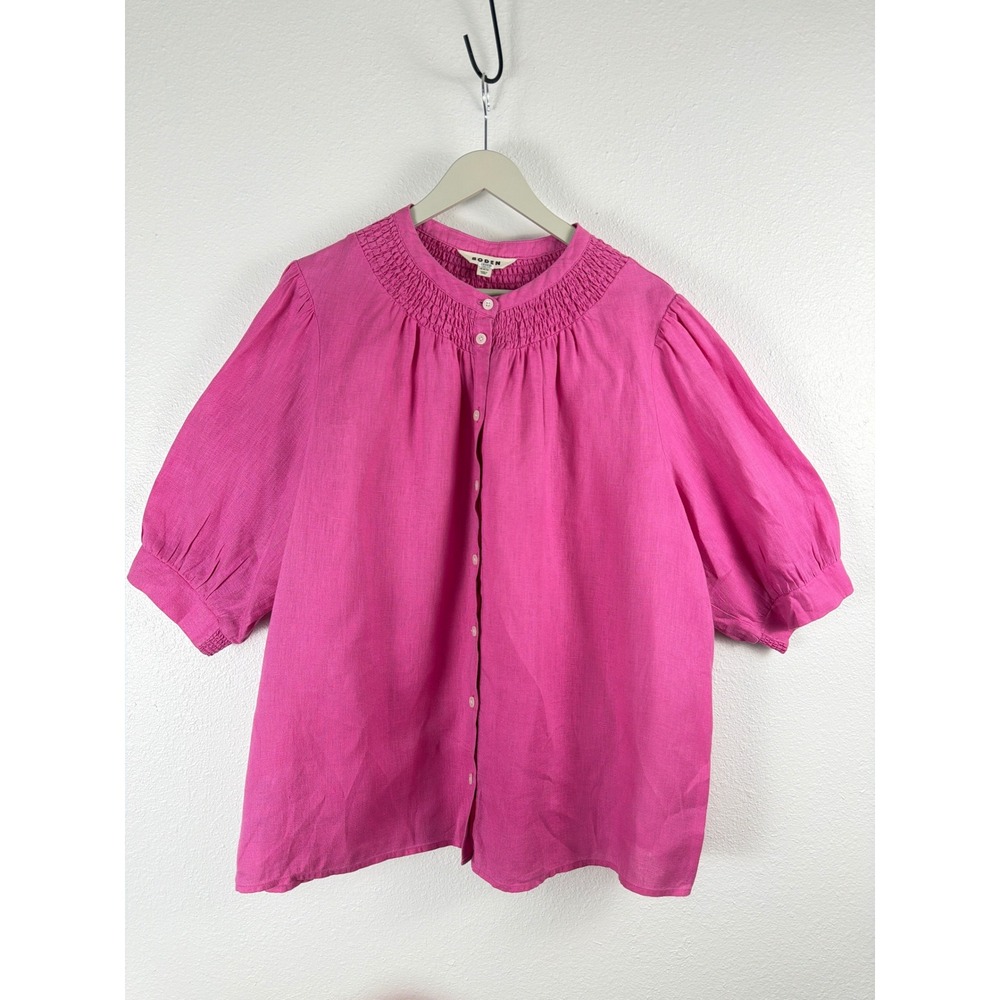 Boden Womens Pink 100% Linen Smocked Button Down Puff Sleeve Blouse Size 20-22